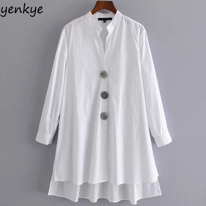Vintage Oversized Cotton White Blouse Long Shirt Women Stand Collar