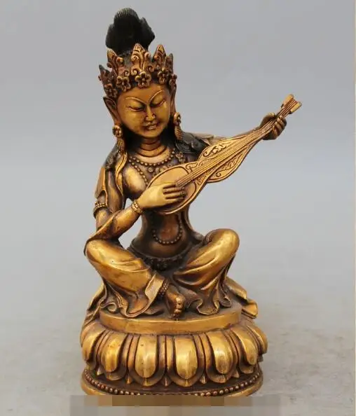 

S6317 9"Tibet Buddhism classic pure Bronze carved lute pipa Kwan-Yin Goddess statue D0318