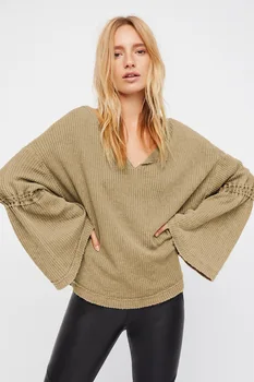 

2020 women's fashion loose shirts fall season knit cotton t shirt patchwork flare sleeve boho autumn top free style warm shirts
