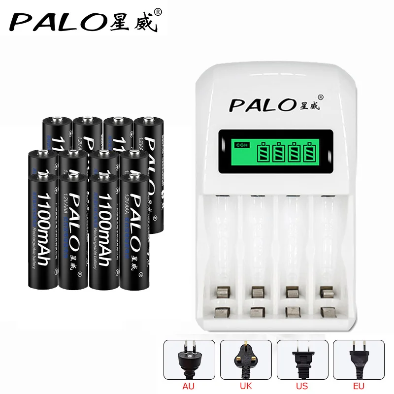 

Hot ! PALO 907 intelligent LCD display Indicator 4 Slots AA/AAA Battery Charger + 12pcs AAA 1100mah NiMh Battery Free shipping