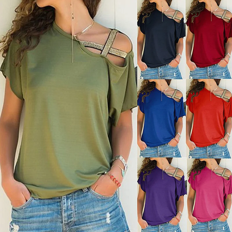 

2019 New Women Solid Criss Cross One Shoulder T-Shirt Top Short Sleeve T-shirt Casual Skew Neck Summer Striped Solid Tee Tops