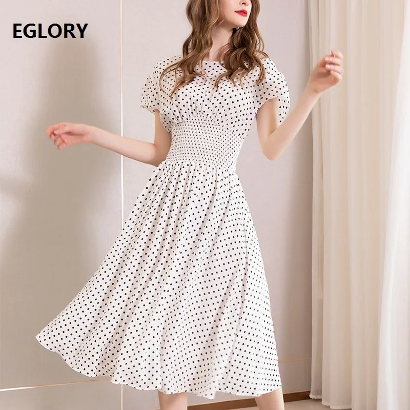 

New Korean Fashion Dress 2019 Summer Style Women O-Neck Polka Dot Print Elastic Waist Short Sleeve White Black Dress Silk Cloth