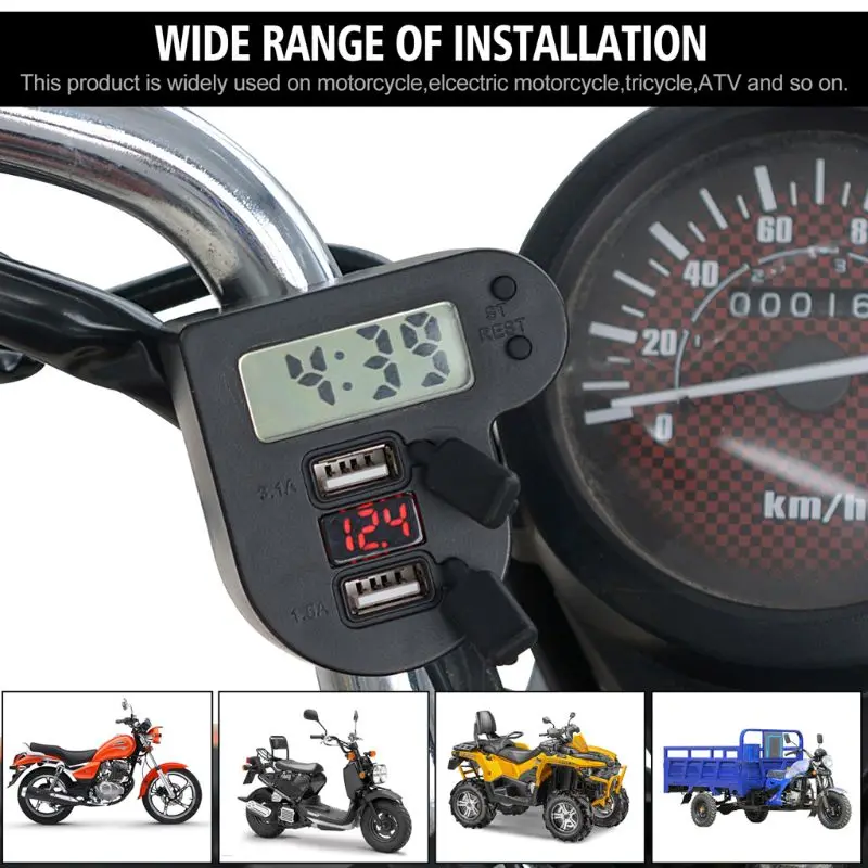  DC12V 24 V Motorrad Dual USB Ladegerät Mit Zeit Uhr LED Voltmeter AUF OFF Schalter Power Adapter fü