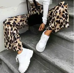Леопардовый принт сексуальные широкие брюки женские с высокой талией свободные брюки длинные повседневные брюки для вечерние женские