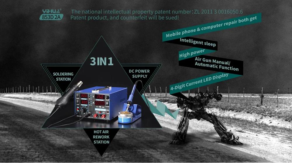 YIHUA 853D паяльная станция 3 в 1 SMD паяльник горячий воздушный пистолет с 5 В 2A USB DC источник питания BGA сварочный инструмент для ремонта