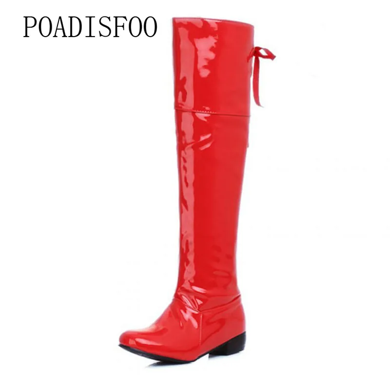 

POADISFOO Patent Leather Low Heel High Boots Casual Tie Folds Two Wear Leggings women's Boots Size Code.XJ-9sqmA0850