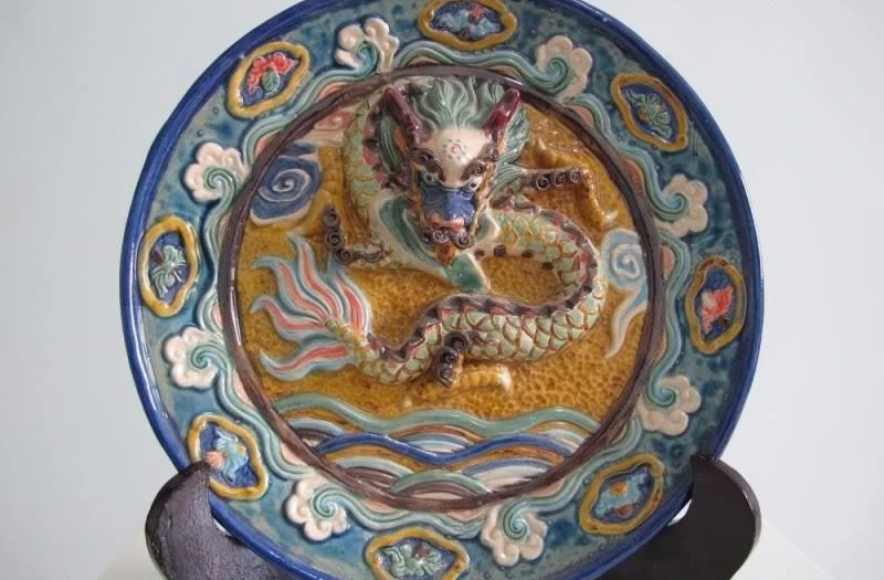 

10" Chinese Royal Palace WU Cai porcelain Lucky Auspicious Dragon Dish plate