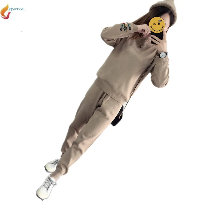 

JQNZHNL Autumn winter sweater suits women fashion embroidery casual knitted Two pieces sets 2019 new women pants suit sets G340