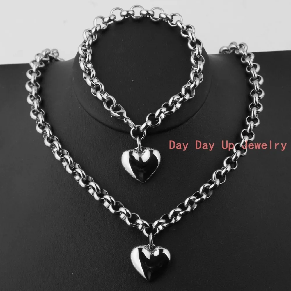 

New Handmade Gift Fashion 316L Stainless Steel Silver Heart Pendant Necklace 18"&Bracelet 8" Womens's Jewelry Sets High Quality