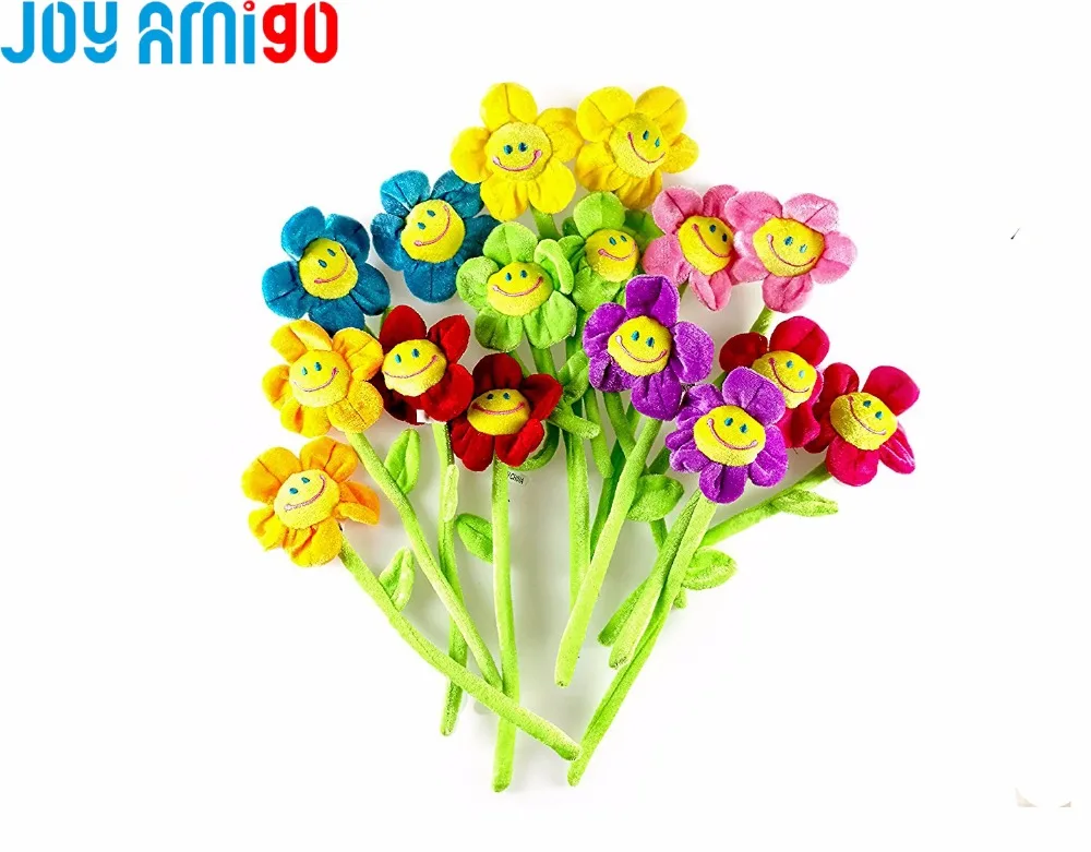 

16PCS Soft Bendable Stems Plush Flowers -8 Colors Smiley Happy Face Artificial Flowers Home Decoration Faut Fake Fabric Flowers