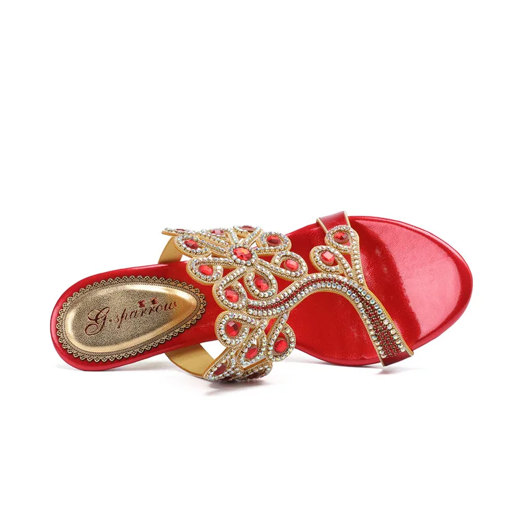 G-sparrow Summer Women Fashion High Heel Stiletto Slippers New Diamond Luxury Elegant Shoes Red Size 1115