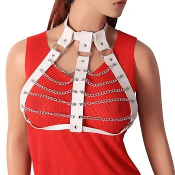 

Punk Gothic Leather Body Harness Bra White Fashion Top Cage Sexy Hollow Out Metal Chain Lingerie Plus Size Adjust Halloween Rave