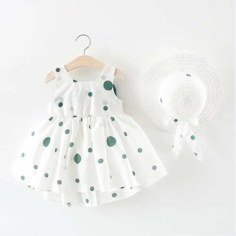Emmaaby/милое платье для маленьких девочек; платья в горошек с бантом+ шляпа; Повседневный праздничный сарафан; От 6 месяцев до 3 лет одежды