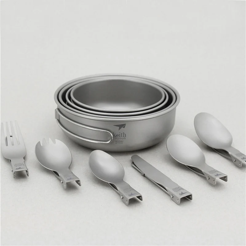 10 шт./компл. Кемпинг посуда набор посуды для здоровья, титановый комплект столовой посуды складные чаши Ножи, вилок и ложек - Цвет: 4 Bowel 6 Tableware