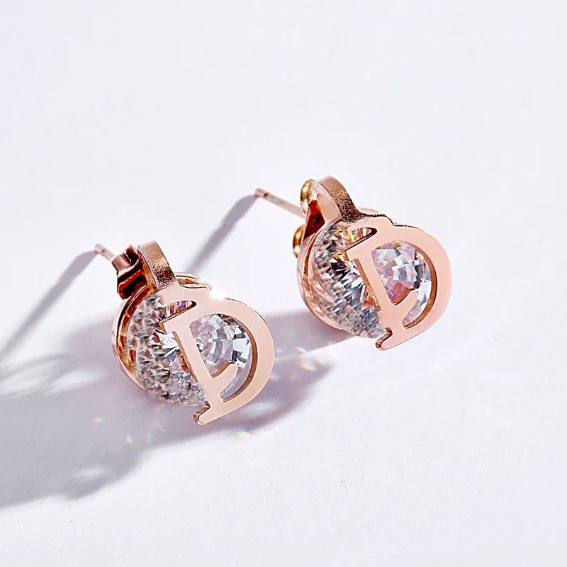 

LIDAVI Small Exquisite D Letters C Crystal Stud Earrings for Women Titanium Steel Brand Jewelry Earrings For Mother's Day Gifts