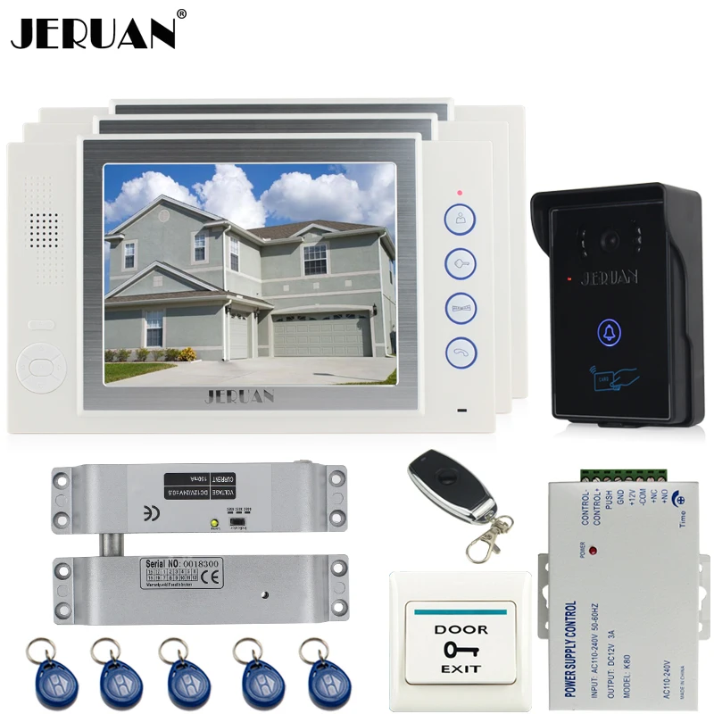 

JERUAN three desk 8`` LCD video door phone doorbell intercom system 700TVL Camera video recording+Electric Bolt lock+8GB card