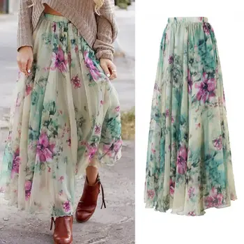 

New Women Chiffon Floral High Waist Maxi Skater Flared Pleated Long Skirt Size S-XL