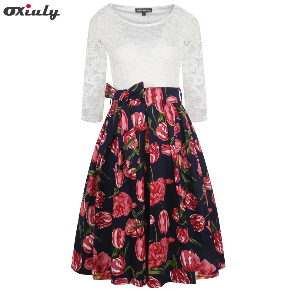 Oxiuly Цветочный принт кружевное элегантное платье пэчворк Vestidos 3/4 для девочек