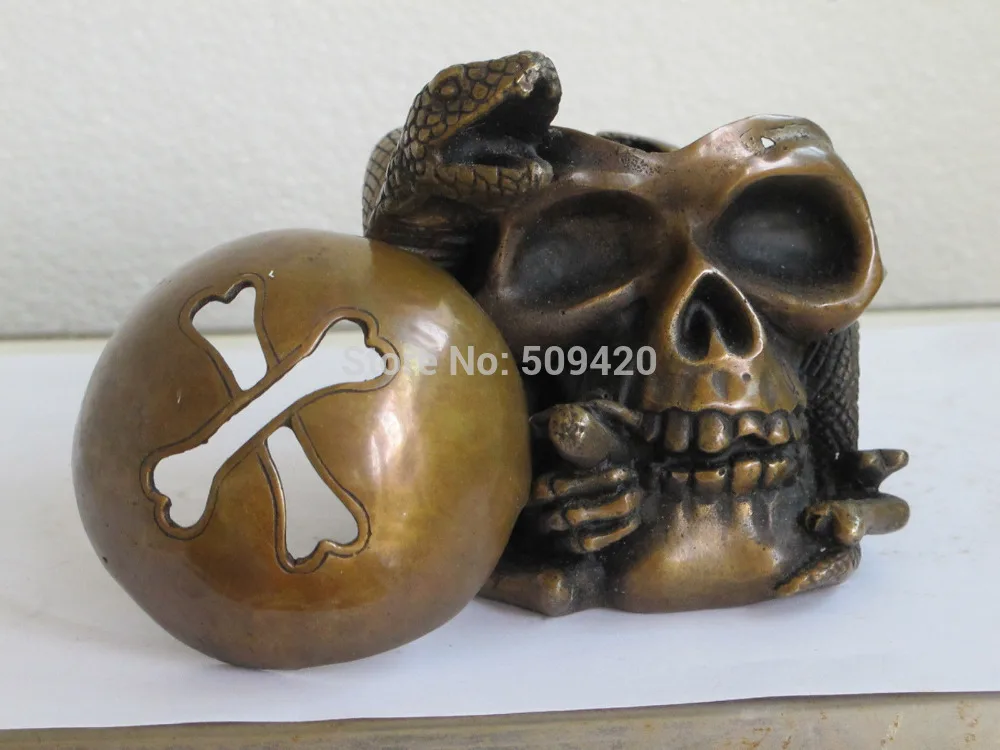 

aChina Bronze art Statue serpent snake Skull Head incense burner censer