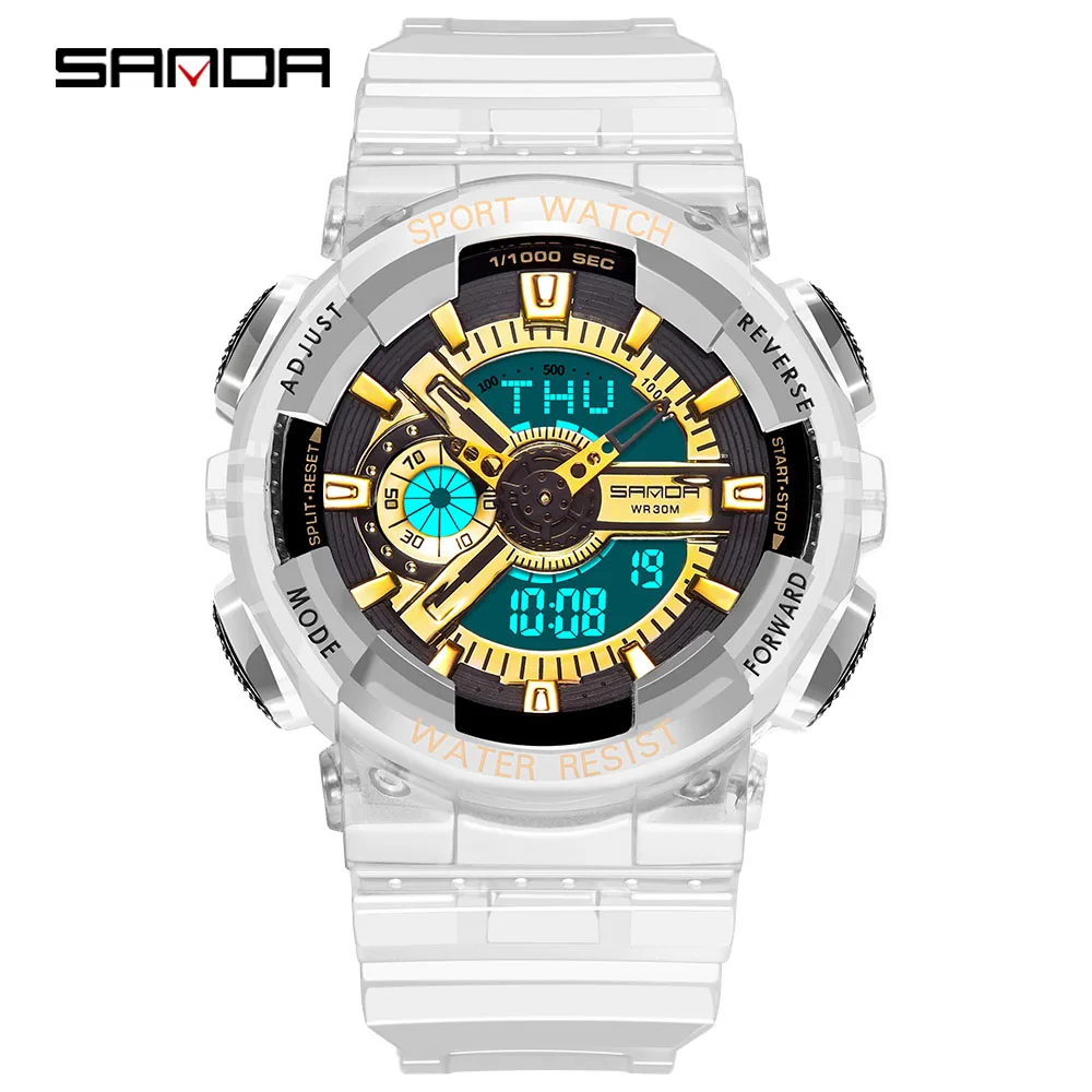 Sanda цифровые парные часы водонепроницаемые часы для мужчин и женщин спортивные прозрачные часы ins супер горячие часы трендовые часы - Цвет: L-golden