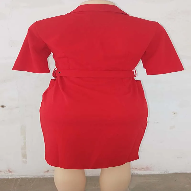 Африканская одежда осеннее платье офисное женское однотонное красное синее с отложным воротником и коротким рукавом Пояс, карманы Халат