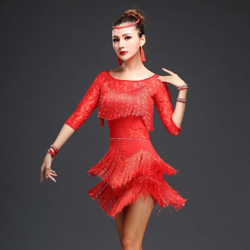Новинка, костюм для латинских танцев, спандекс, бахрома, 5 цветов, платье для латинских танцев для женщин, длинный короткий рукав, платья для латинских танцев 155