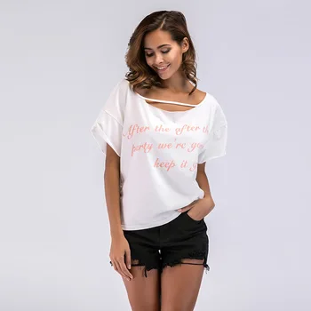 

Bare shoulder Batman sleeves loose large size letters women's wear short sleeved students t-shirts