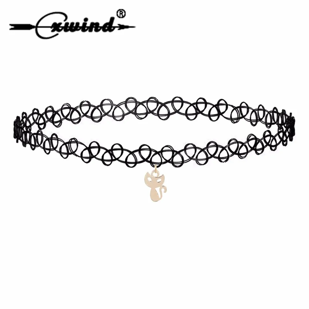 Cxwind Fashion Sexy Punk Gothic Lace Choker Necklace Cute Animal Cat Pendant Collar Elastic Women Jewelry | Украшения и