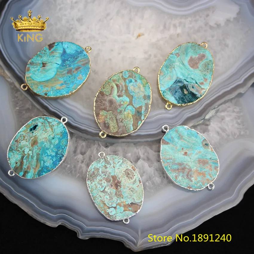 

5pcs/lot Large Blue Ocean Stones Slab Beads Connectors Crafts Bracelet,Raw Ocean Jaspers with Gold/Silvery Bails Necklace EF-21