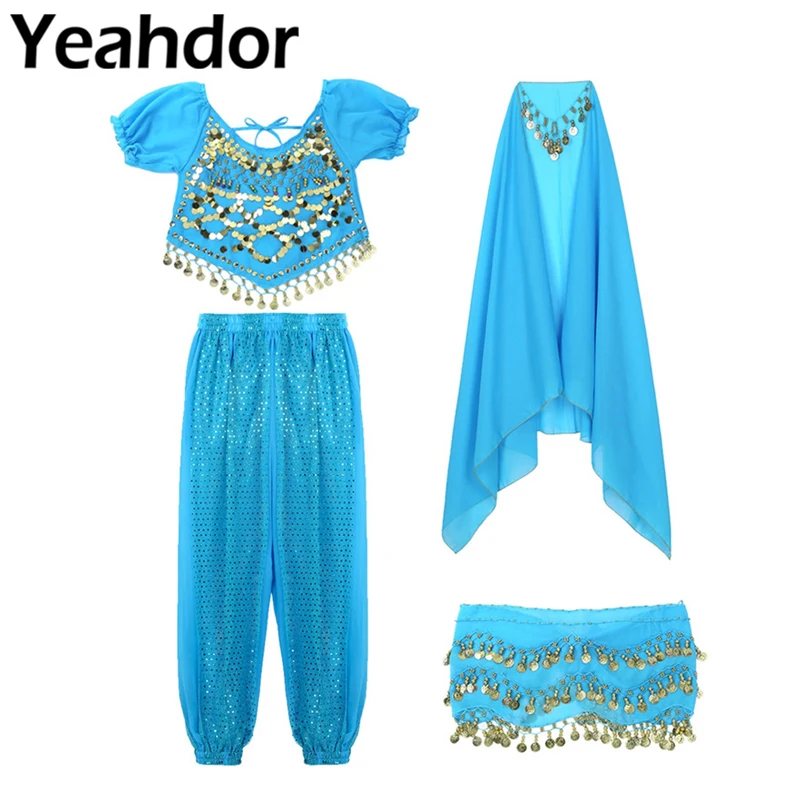

Womens India Dance Outfit Short Lanterns Sleeves Coins Top Harem Pants Hip Scarf Head Scarf Belly Dance Carnival Costumes Set