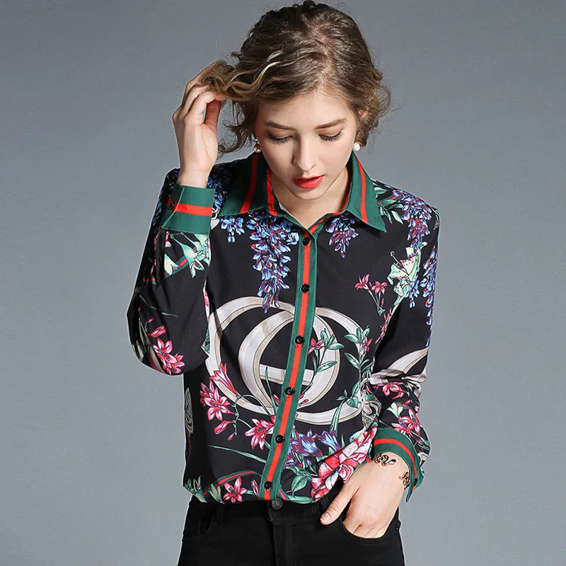 

Autumn Lapel Print Blouse long sleeves women's shirts Europe and America free shipping