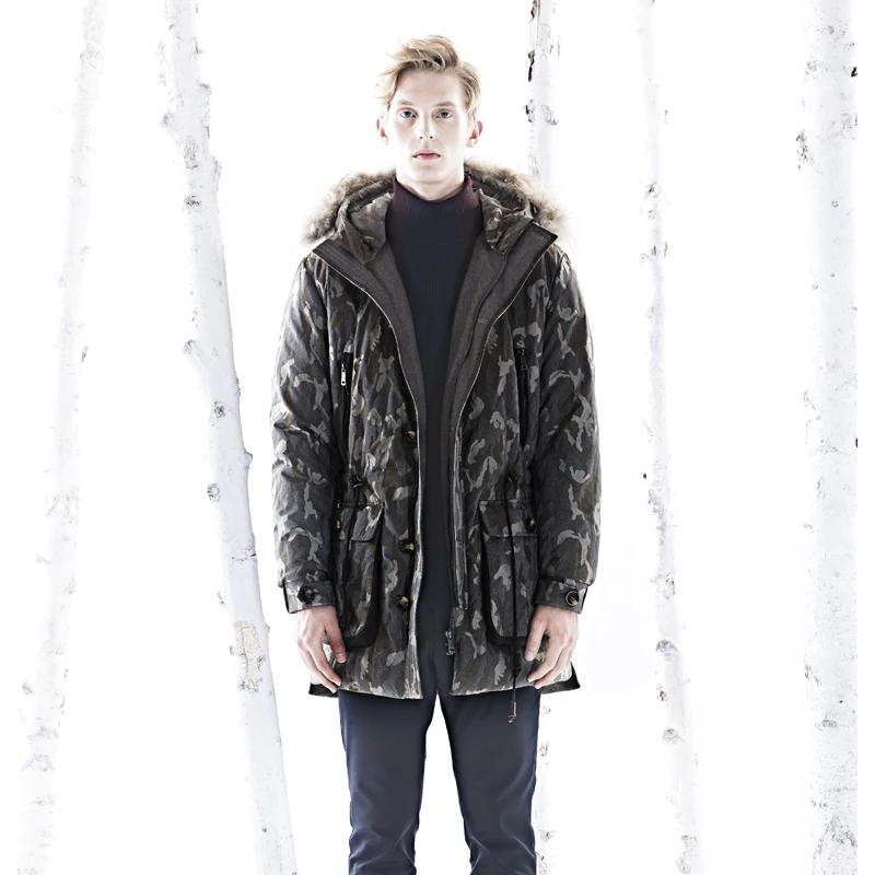 

2019 Men Camouflage Down Jacket 90% White Duck Down Winter Coat Raccoon Fur Collar Slim Jacket Mid-Long Parka Free Shipping