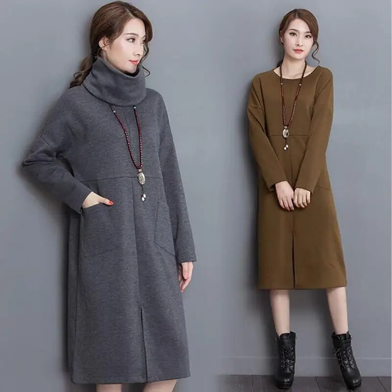 

2019 Autumn Detachable Turttleneck Dress Plus Size Women Dress High Neck Dress Winter Warm Big Size Dress S-5XL 6XL Vestidos