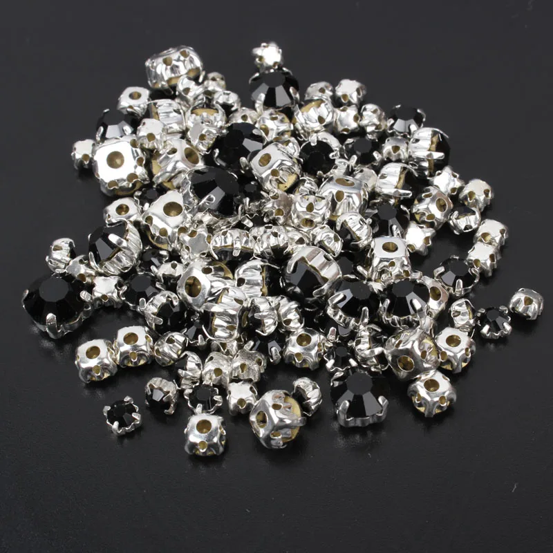 Silver Base Rhinestone Mix Size 4mm 8mm 120pcs Jet Black Sew on