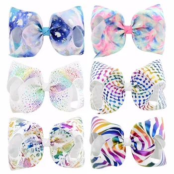 

New Unicorn Printing Hair Bow Ribbon Bows With/Without Clips Shiny Discolor Bowknot Barrettes