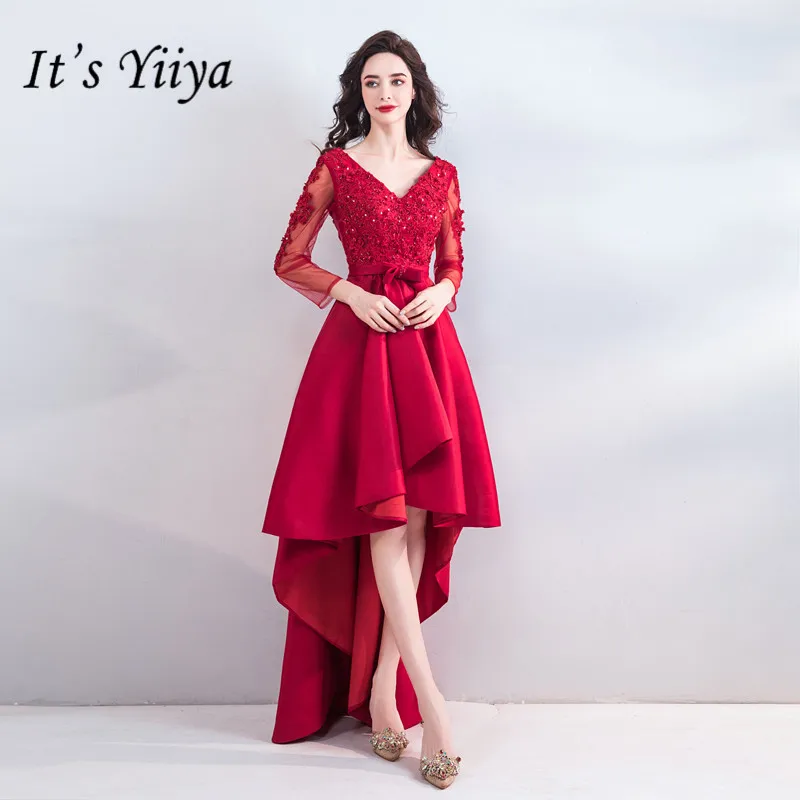 

It's YiiYa Prom Dress Beading Crystal Embroidery Flowers Party Gowns Red V-neck High Low Length long sleeve Formal dresses E165