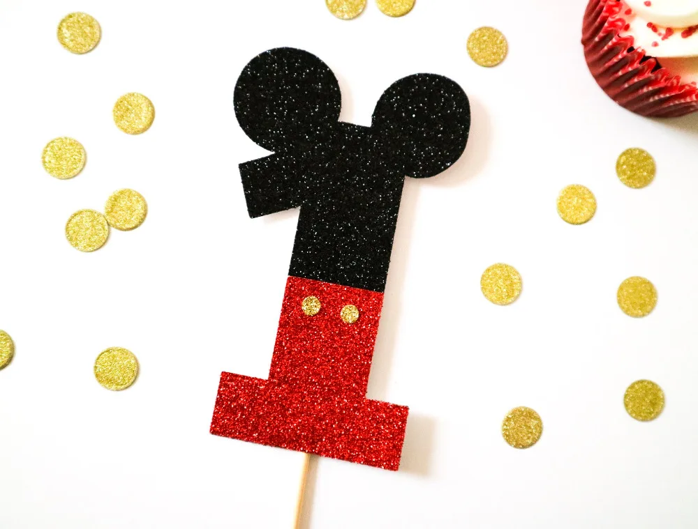 

6pcs Handmade Mickey Mouse Age Glitter Cake Topper - Birthday, Number