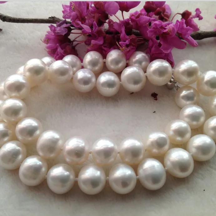 

100% Genuine 11-12mm light pearl necklace big send mom 925 Silver clasp 18inch