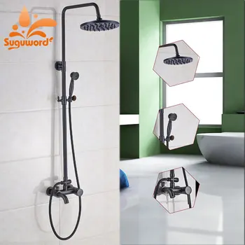 

Suguword Oil Rubbed Bronze Shower Combo Set Hot and Cold Switch Shower System Mixer Taps Rainfall Shower Head with Tub Faucet