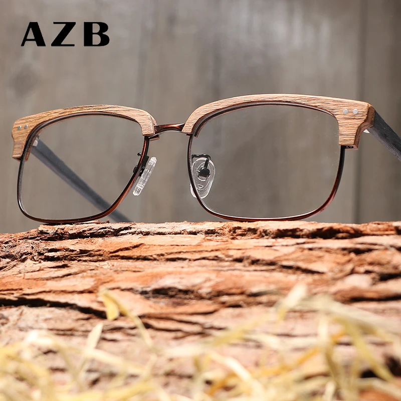 

AZB Optical Glasses Frame Natural Wood Half Frame Clear Glasses Wooden Myopia/Hyperopia Prescription Eyeglasses Frames oculos