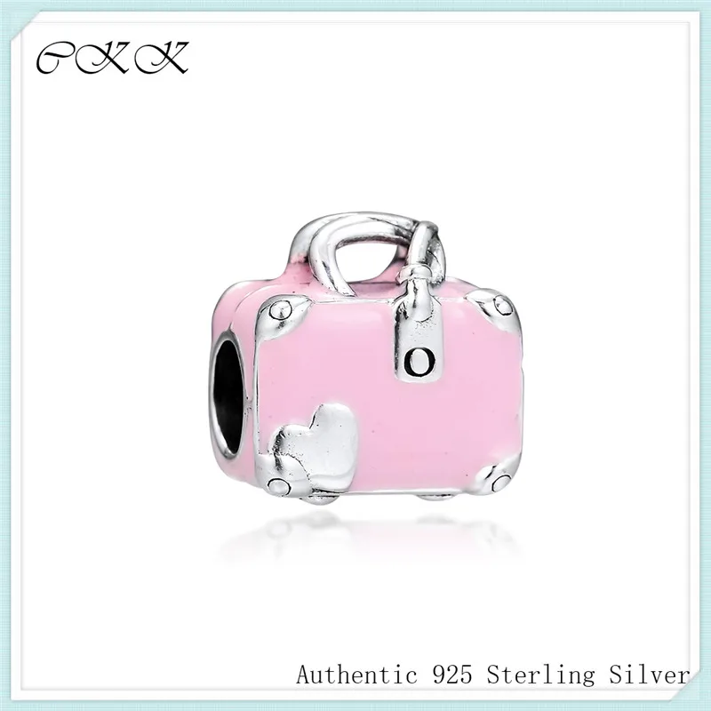 

Fit Pandora Charms Bracelets DIY Beads 100% 925 Sterling Silver Pink Travel Bag Charm for Jewelry Making 2019 Summer new PF983