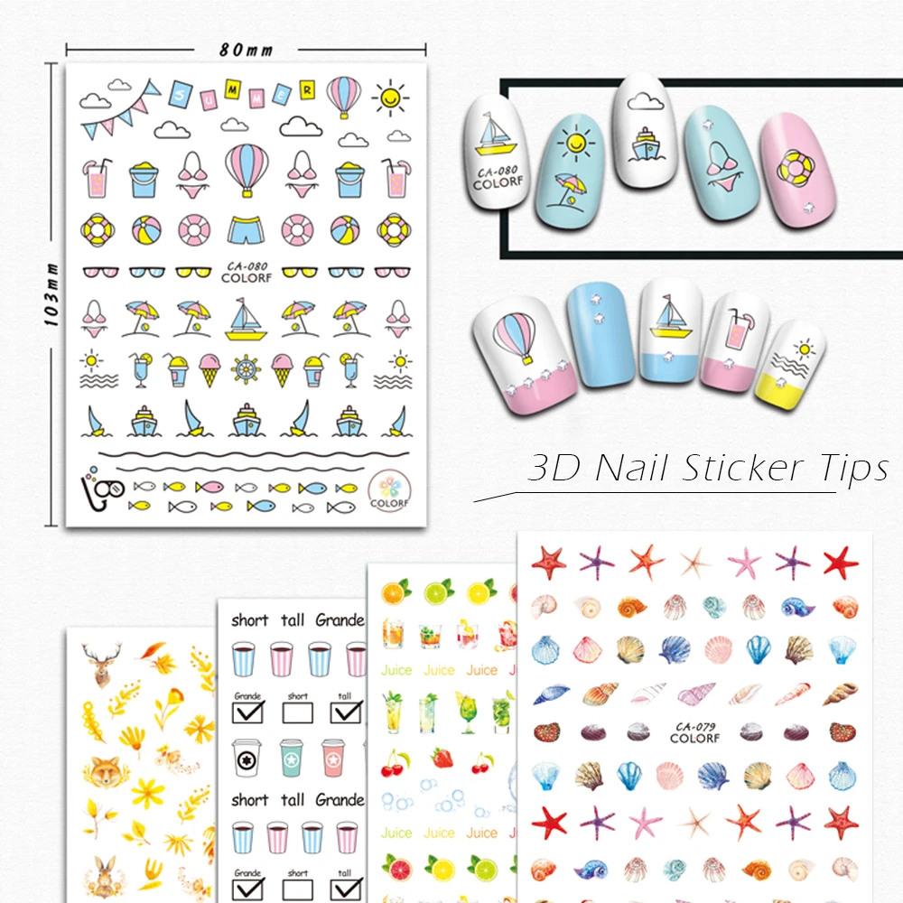 

1pcs Summer Design Nail Sticker Decals 3D Patterns Leaves Juice Shell DIY Adhesive Colorful Nail Art Tips Foil SACA073-081