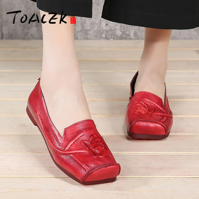

Leather square head handmade embossed retro shoes womens national wind soft bottom loafers