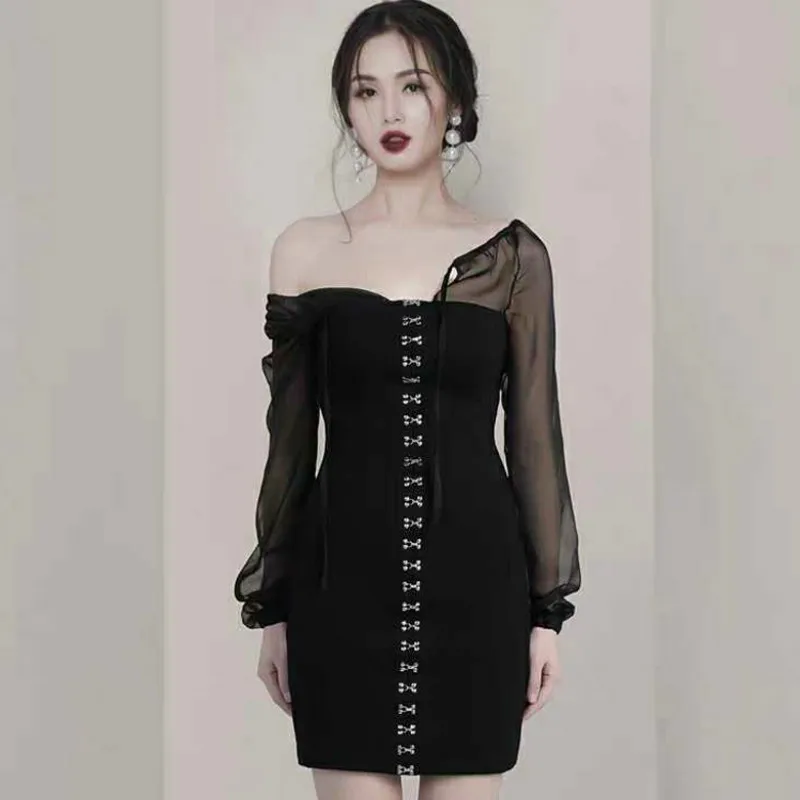 

2019 Autumn Long Sleeve Chiffon Patchwork Mini Bodycon Sexy Vestidos Black Brief Club Dress