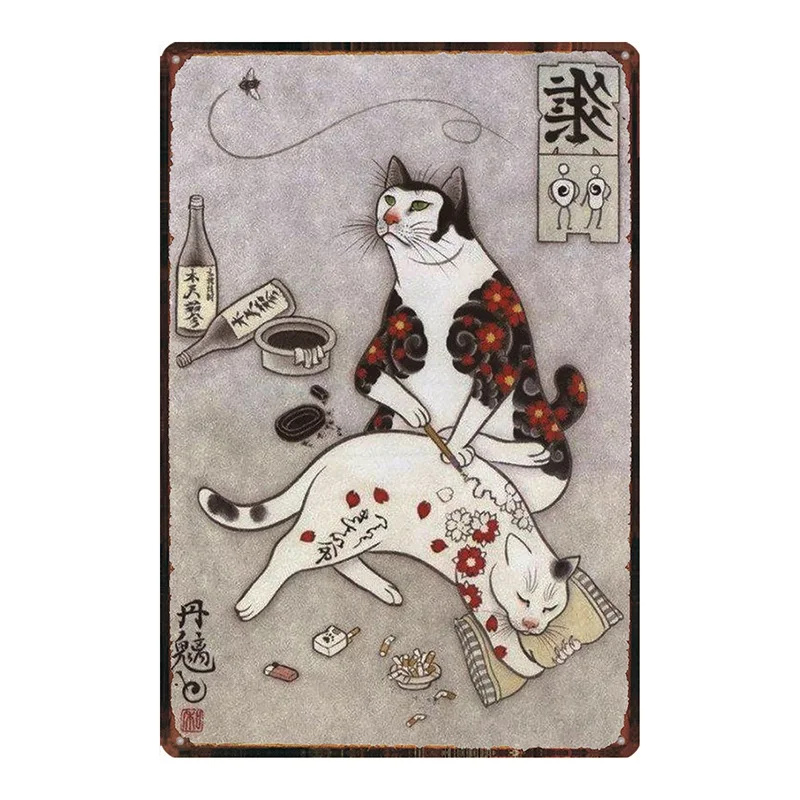 

Japanese Samurai Cat Tattoo Cat Tin Sign Pet Plaque Metal Vintage Wall Art Bar Home Shabby Chic Decor 30X20CM DU-2379