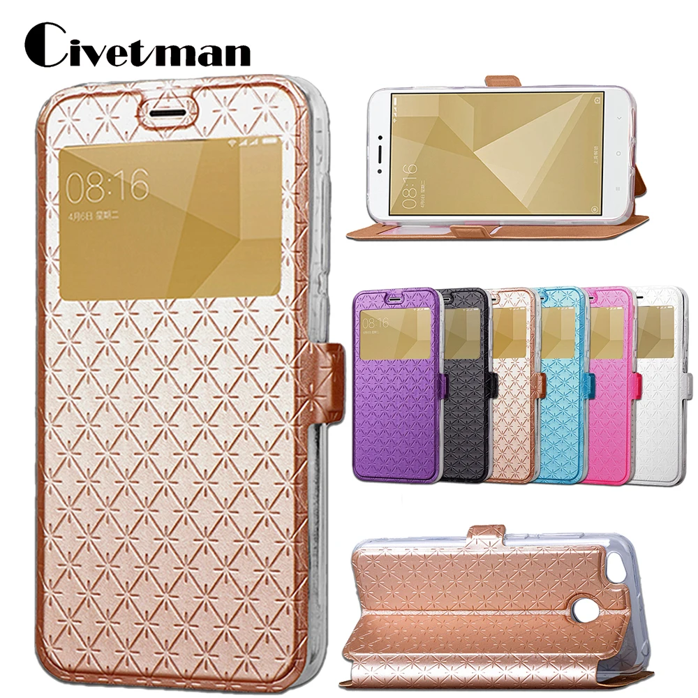 

Cover Cell Phone Case For Xiaomi Hongmi Redmi 4X 5.0" Flip PU Leather tpu Shell Window Style Stand Rhombus Holster Card Slot Bag