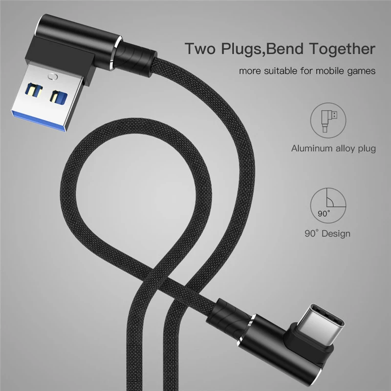 1/2/3 متر USB نوع C كابل 90 درجة زاوية الحق شحن الهاتف المحمول الكابلات لهواوي p20/زميله 10 سريع تهمة USB C الحبل