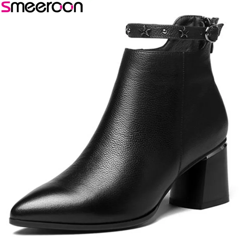 

Smeeroon 2018 new cow genuine leather boots autumn winter boots zip ankle boots for women pointed toe high heels ladies shoes