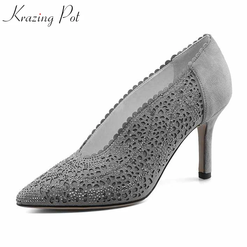 

Krazing pot 2018 sheep suede pointed toe crystal beading hollow spilled stars decoration vintage European style women pumps L01