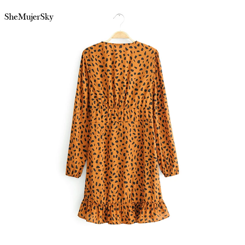 SheMujerSKy الخريف ليوبارد مصغرة اللباس طويلة الأكمام الخامس الرقبة خمر النساء فساتين الكشكشة تنحنح Bodycon